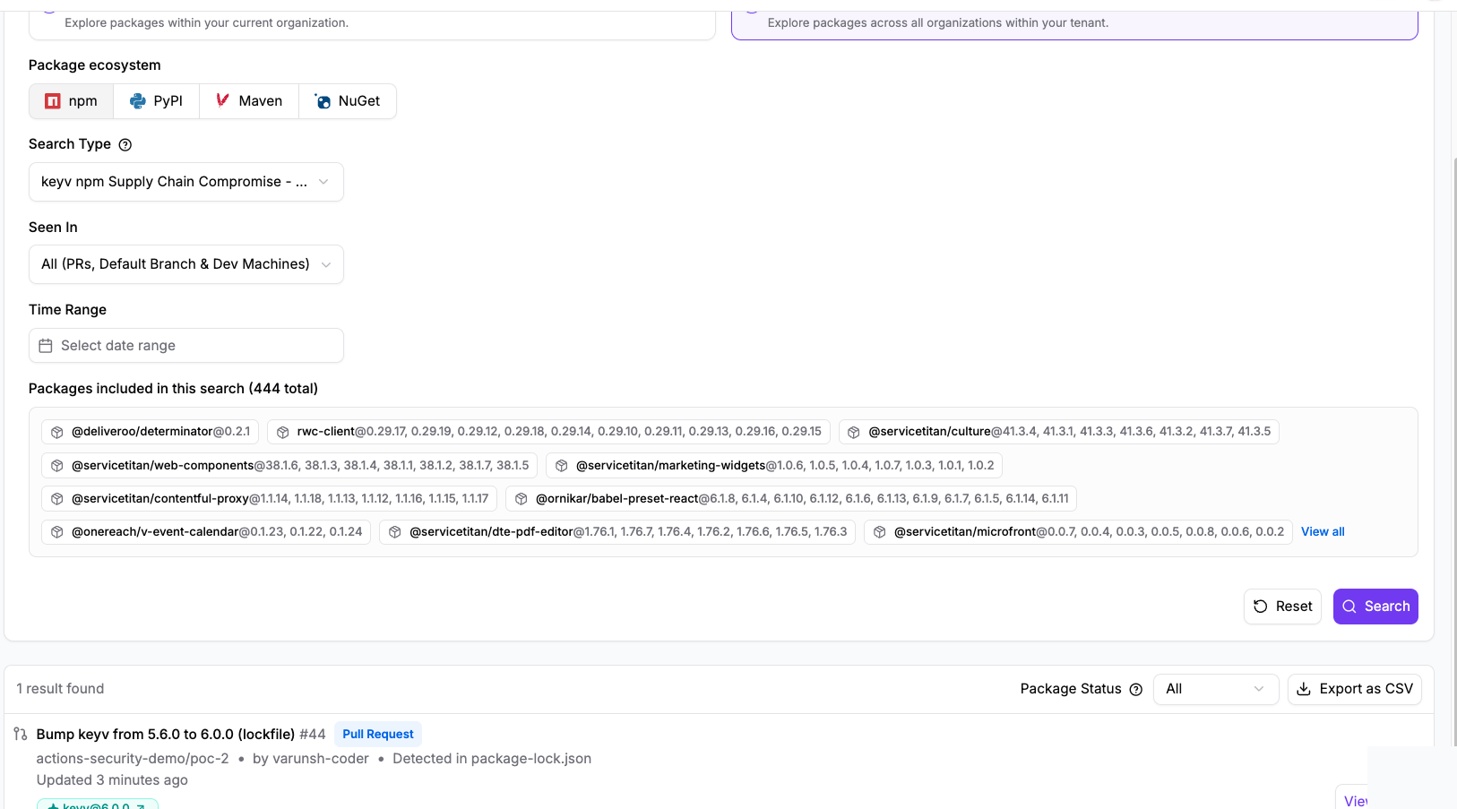 StepSecurity OSS Package Search scoped to the keyv incident preset, showing 444 packages included in the search and a matching pull request that bumped keyv to 6.0.0 in a lockfile