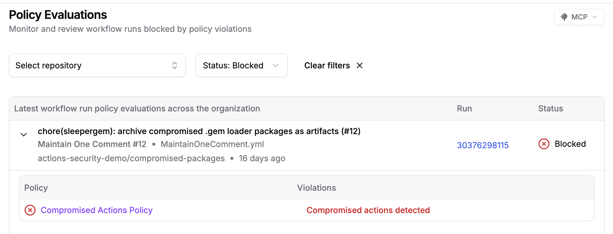 Workflow Run Policy evaluation blocking a run after the Compromised Actions Policy detects a compromised action
