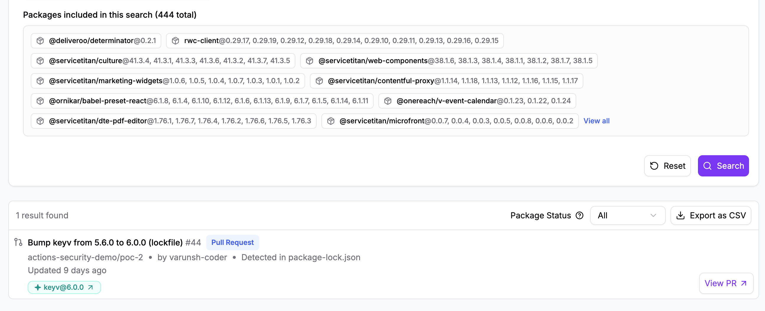 Compromised Package Search result pinpointing the pull request that introduced keyv 6.0.0 across 444 searched packages
