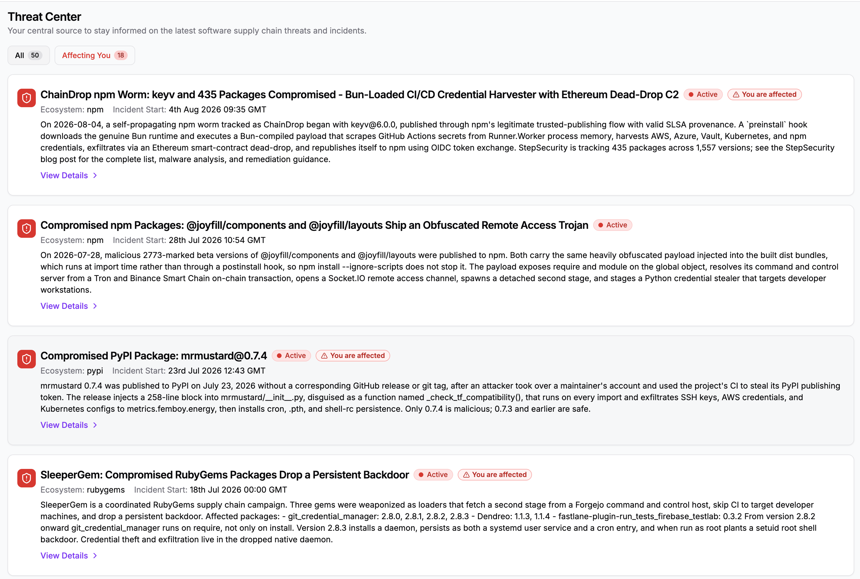 StepSecurity Threat Center advisories for recent supply chain attacks with affected-status badges