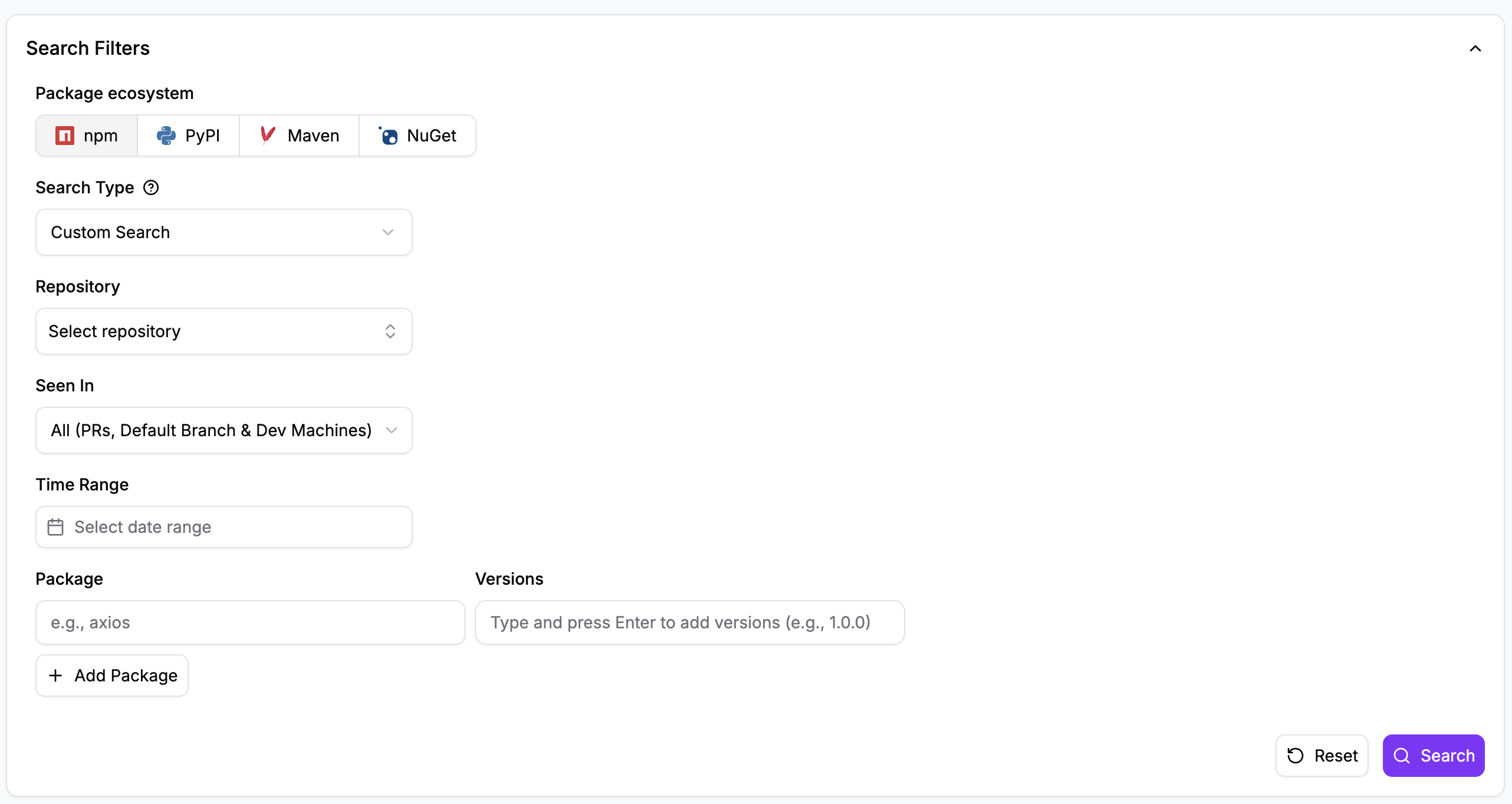 Actions, npm, and PyPI Inventory search covering PRs, default branches, and developer machines across npm, PyPI, Maven, and NuGet