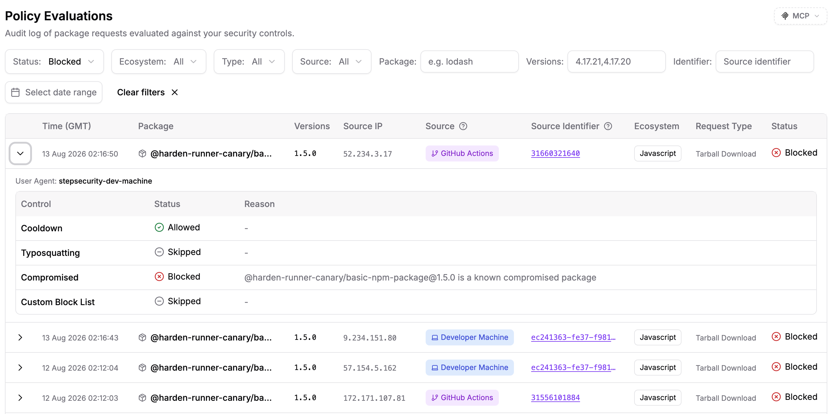 Secure Registry policy evaluations blocking downloads of a known compromised package version across CI/CD and developer machines