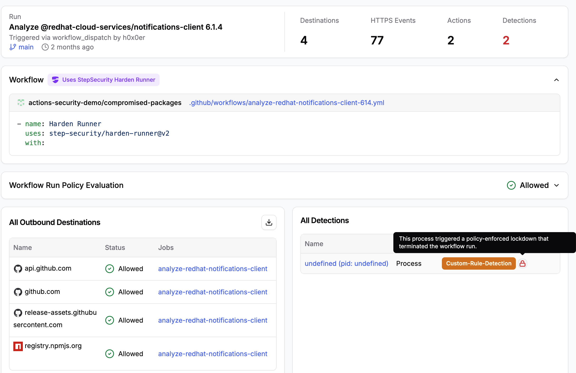 Harden-Runner lockdown mode: a policy-enforced lockdown terminates the workflow run after a suspicious process detection