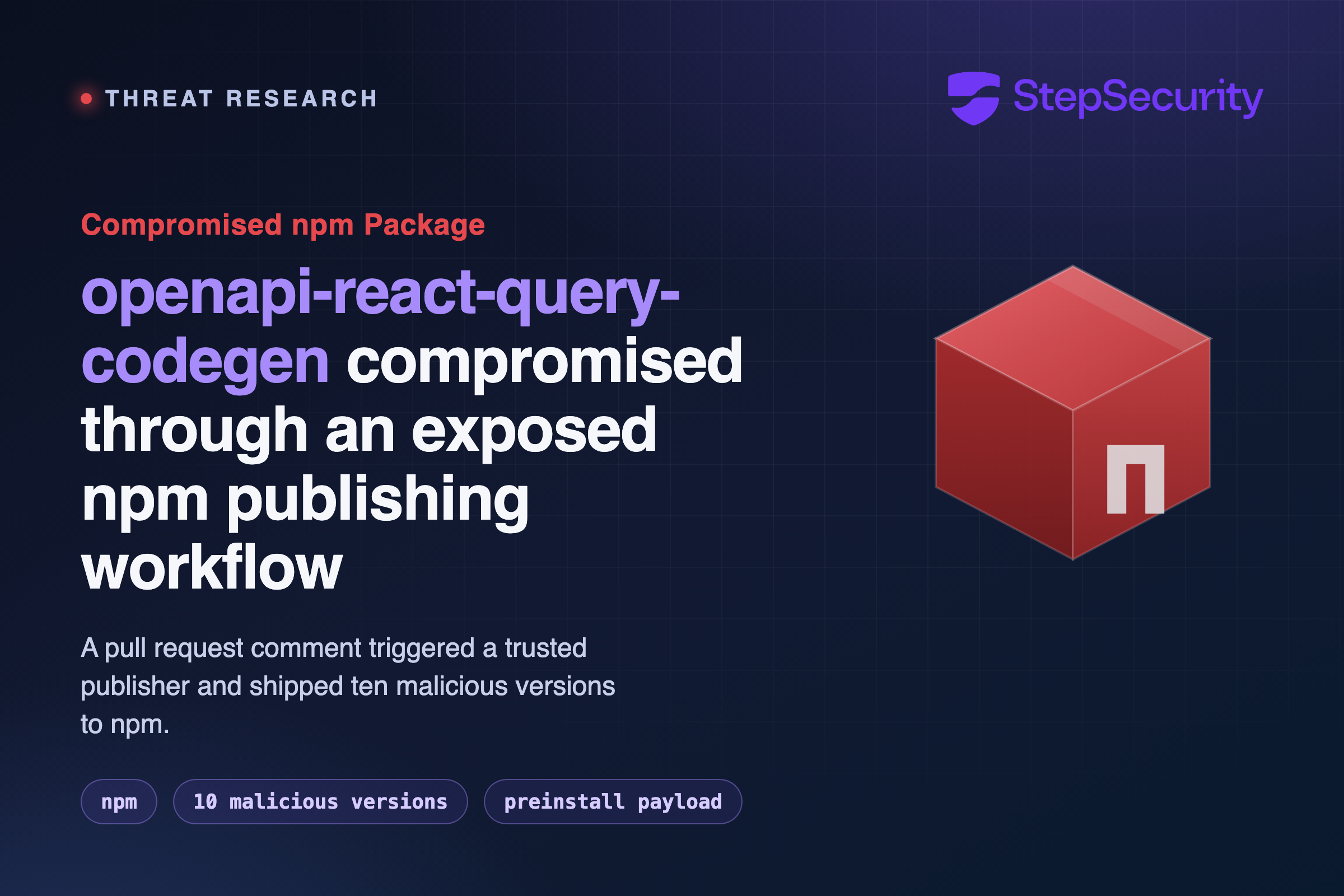 openapi-react-query-codegen compromised through an exposed npm publishing workflow