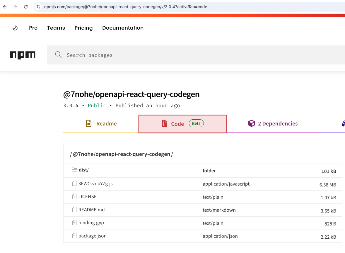 npm package file list showing the 6.38 MB JavaScript payload and binding.gyp