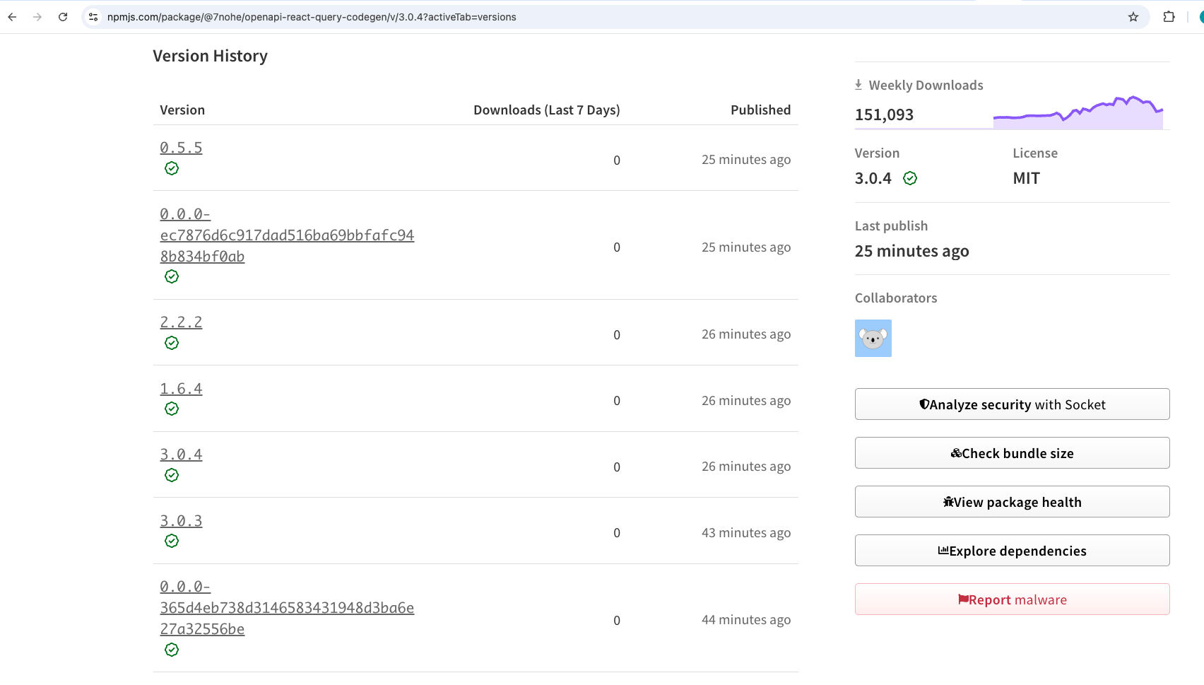 npm version history showing the malicious release sequence