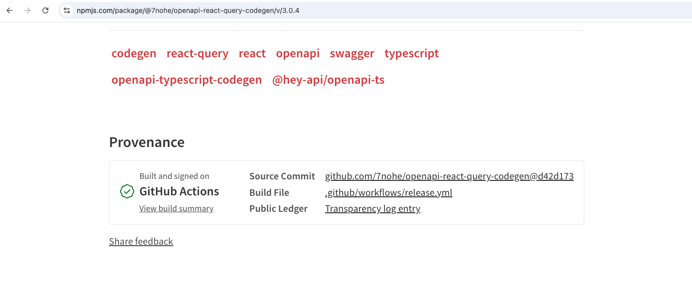 npm provenance identifying GitHub Actions and the release workflow