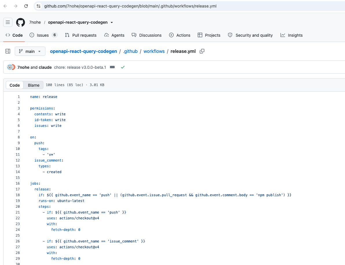 GitHub Actions release workflow showing issue comment trigger and id token permission