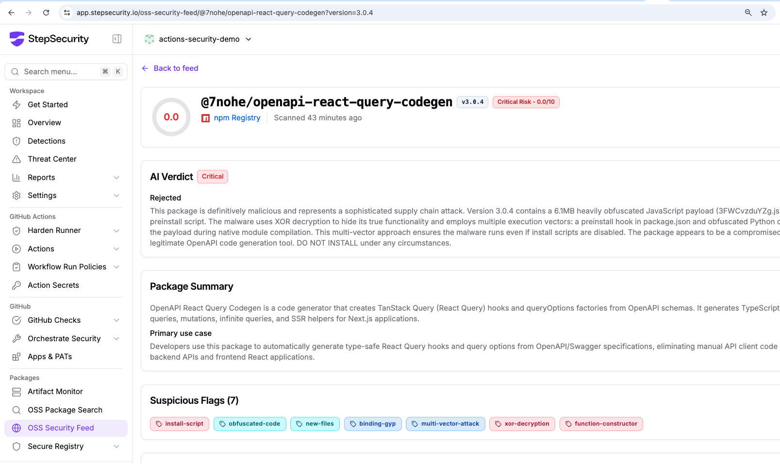 StepSecurity OSS AI Package Analyst critical verdict