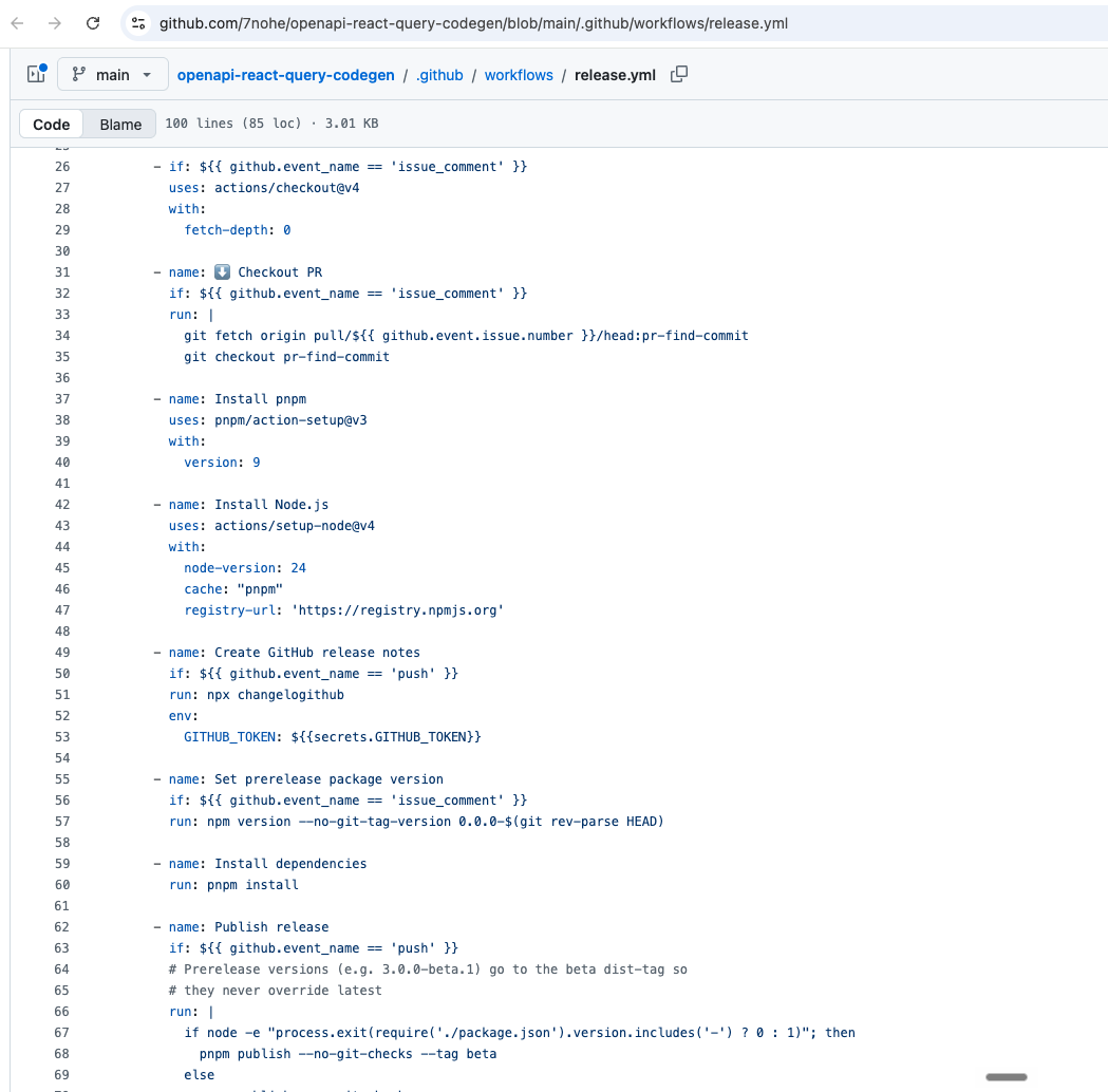 GitHub Actions workflow checking out a pull request and installing its dependencies