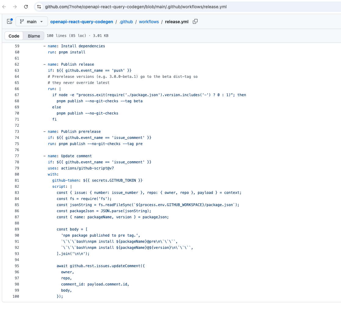 GitHub Actions workflow publishing the pull request artifact to npm