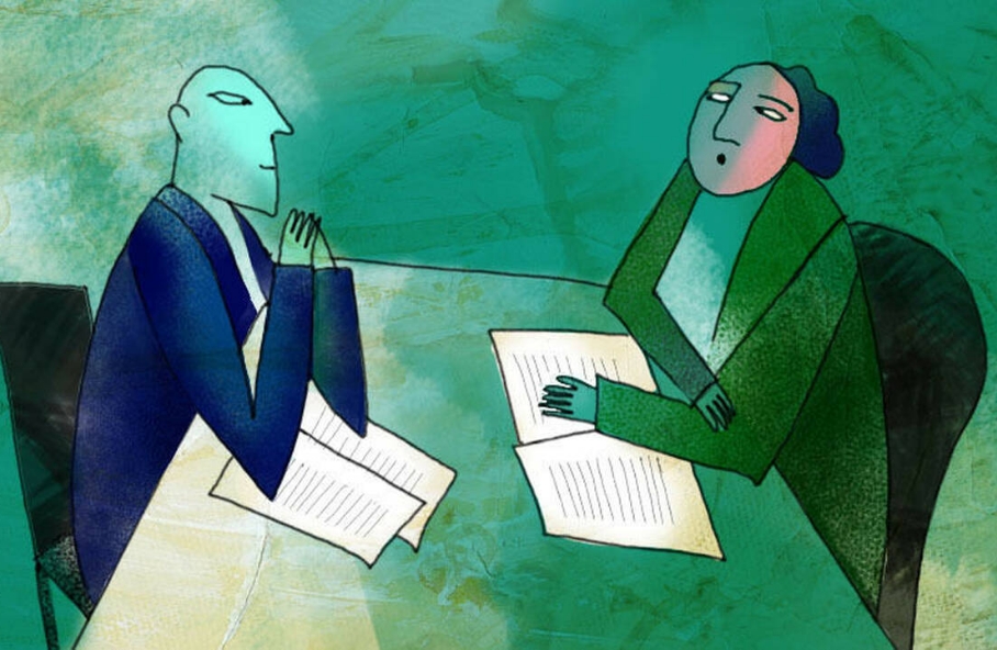 A stylized illustration of two people reading papers and having a conversation at a table
