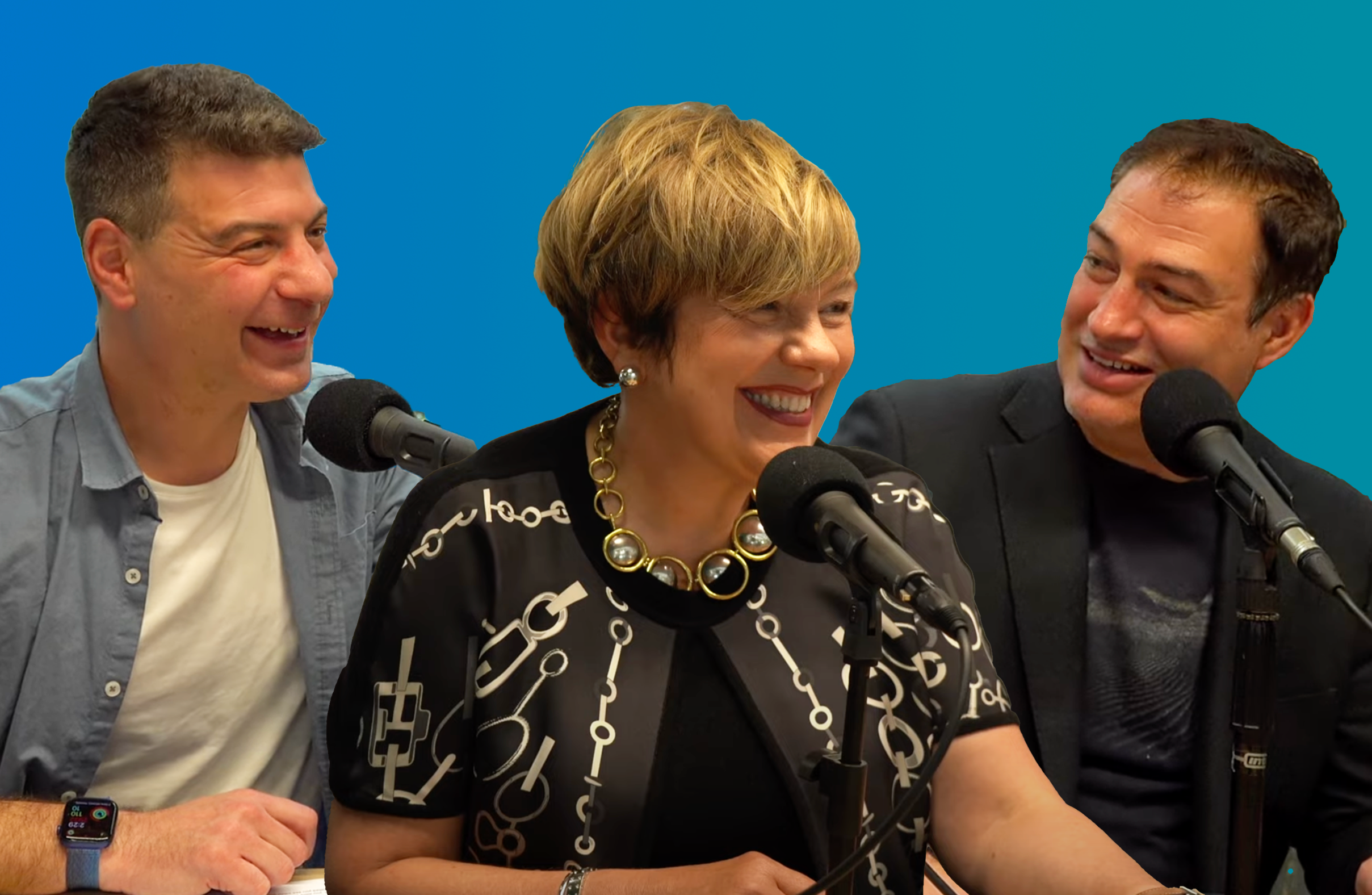 Two men and one woman talking on microphones