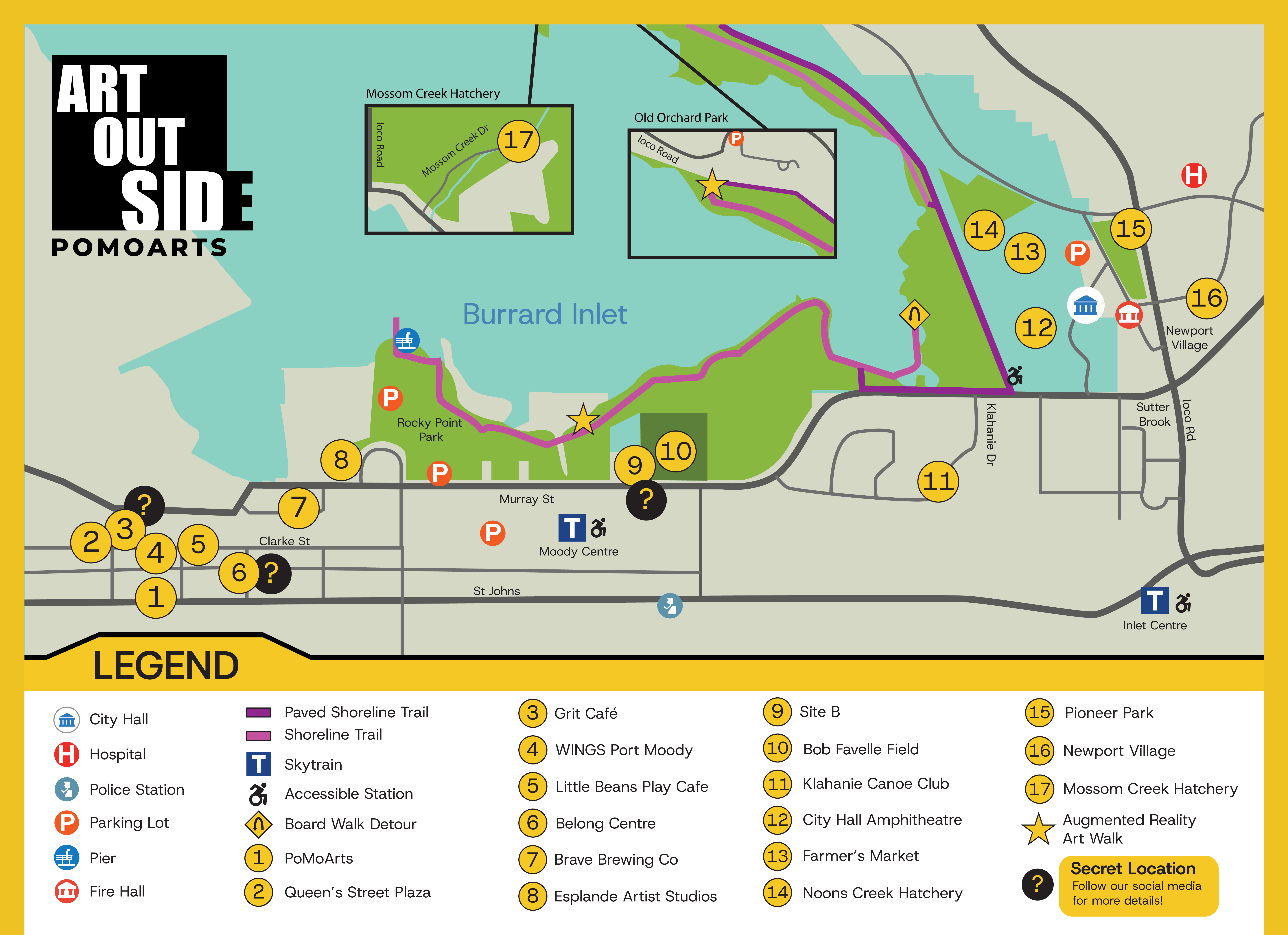 Art Out Side Festival Map of event venue locations and information about accessibility and available resources in the area. Written information about each location is available under each event listing below.