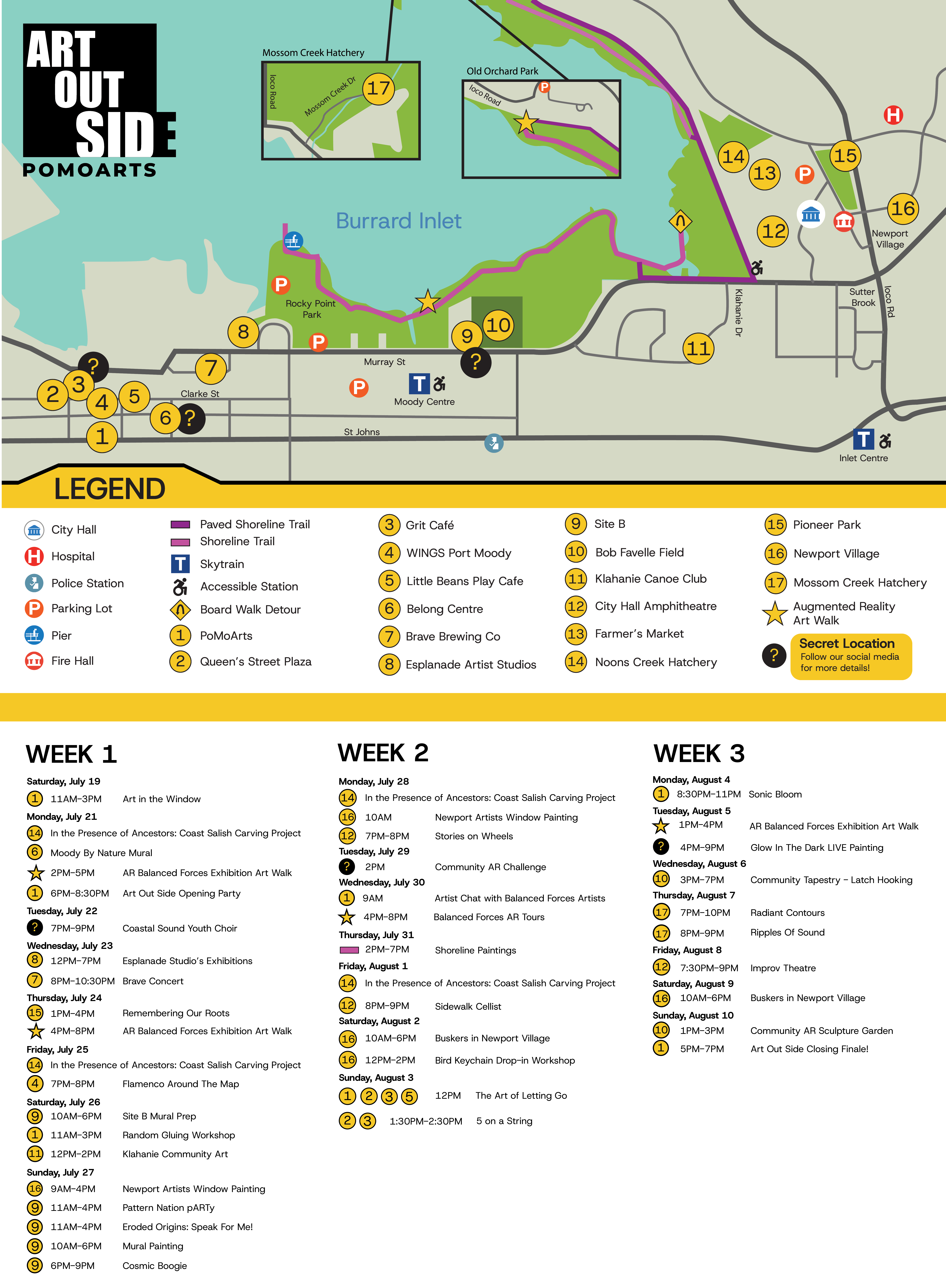 Art Out Side Festival Map of event venue locations and information about accessibility and available resources in the area. Written information about each location is available under each event listing below.