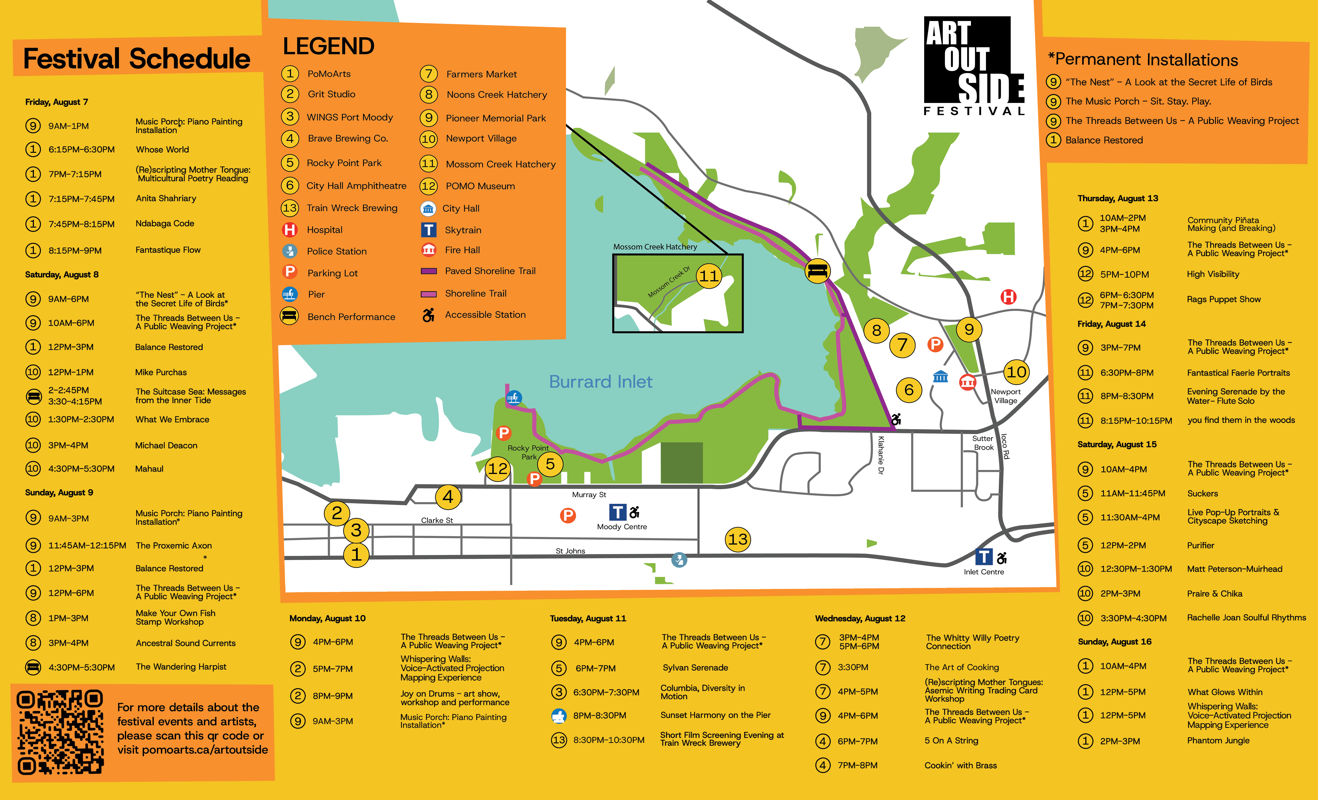 Art Out Side Festival Map of event venue locations and information about accessibility and available resources in the area. Written information about each location is available under each event listing below.