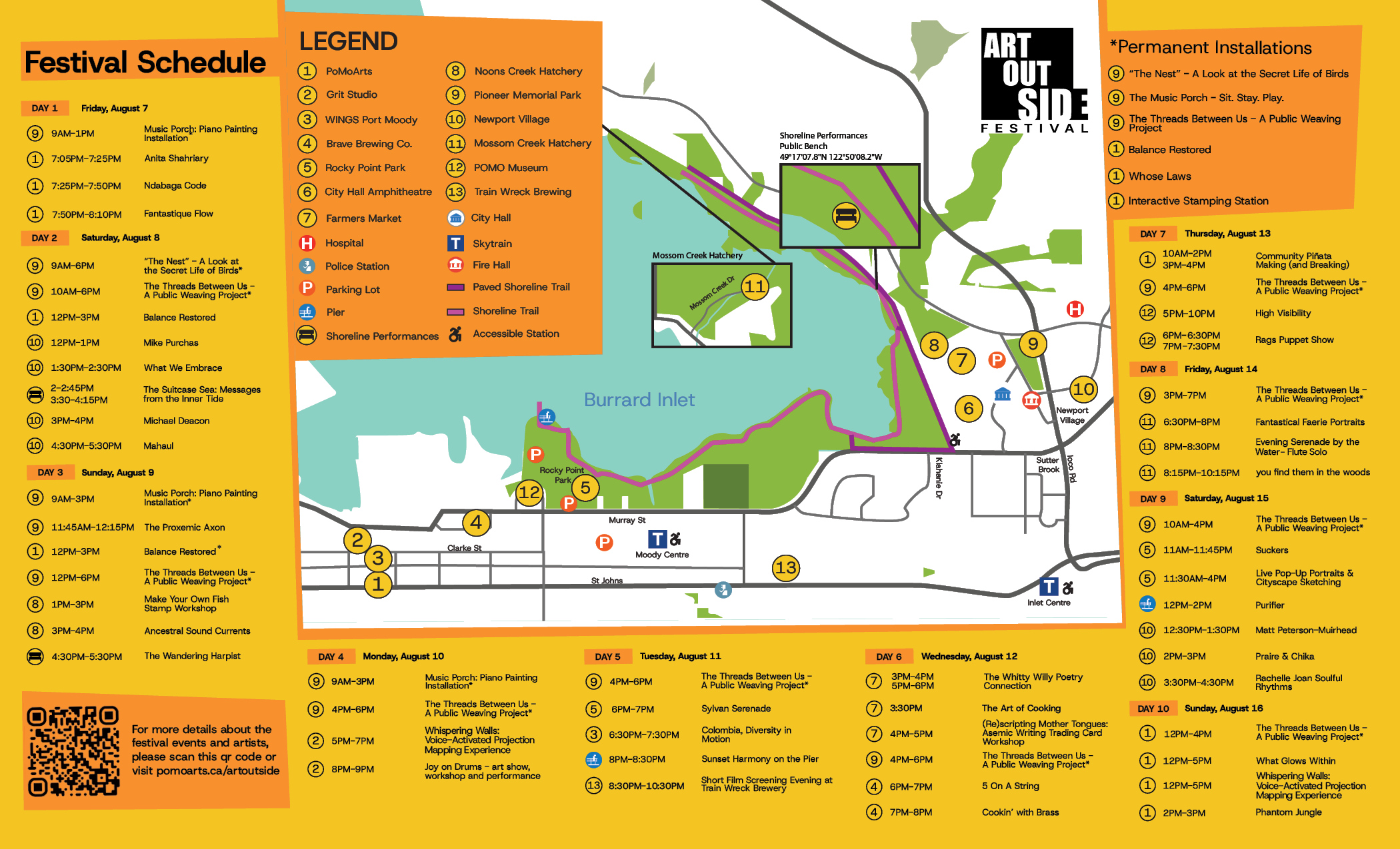 Art Out Side Festival Map of event venue locations and information about accessibility and available resources in the area. Written information about each location is available under each event listing below.