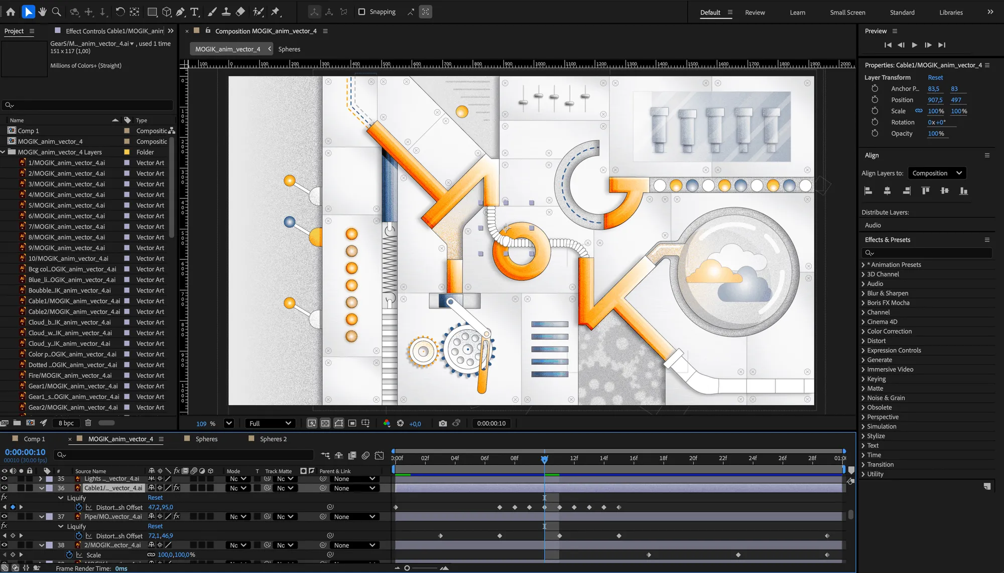 The MOGIK logo animation open in After Effects: the isometric lettering on the canvas with the layer list and timeline around it