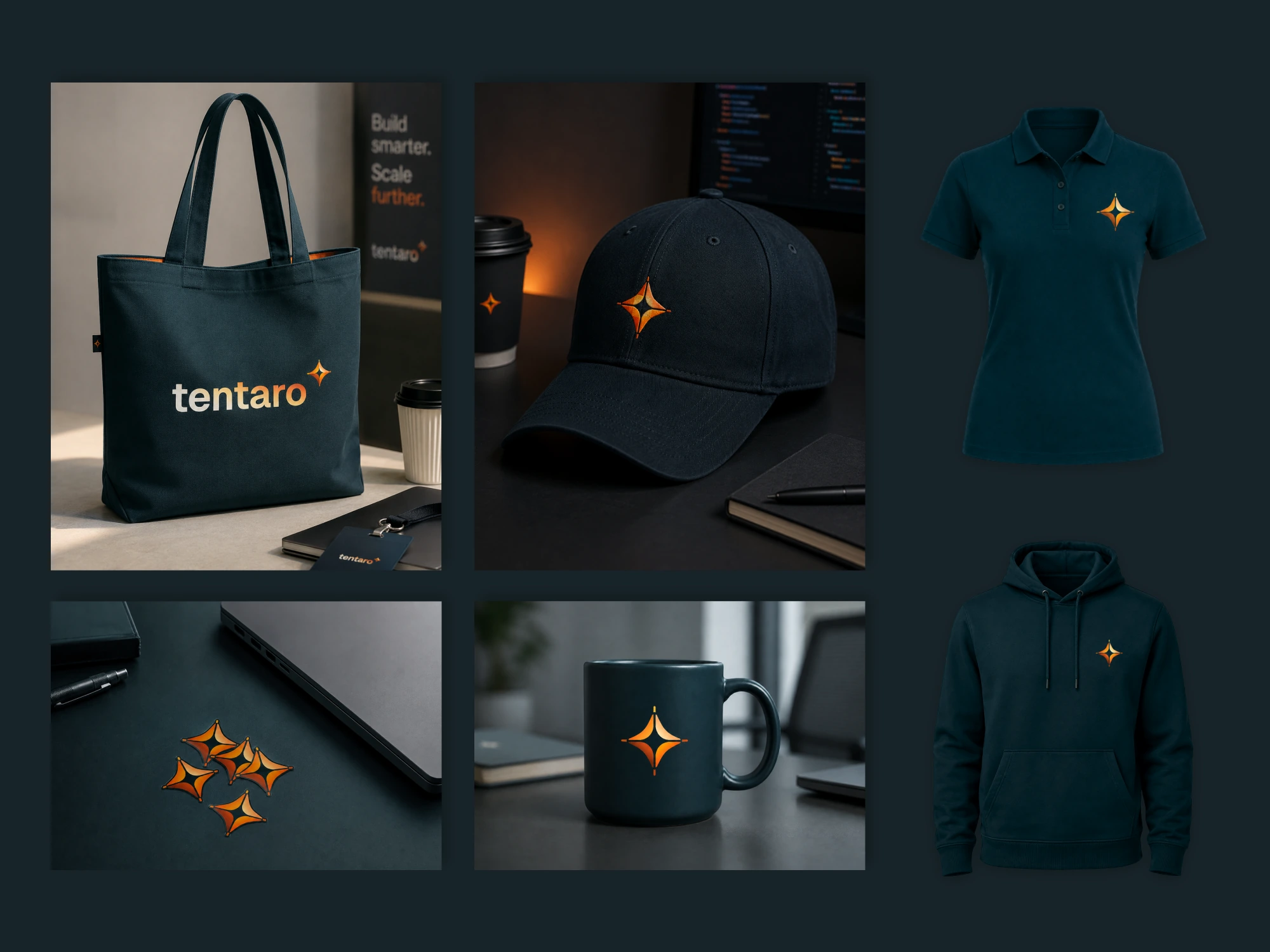 Merch in deep teal: tote bag, cap, polo and hoodie, a branded mug and a set of stickers, each carrying the amber mark