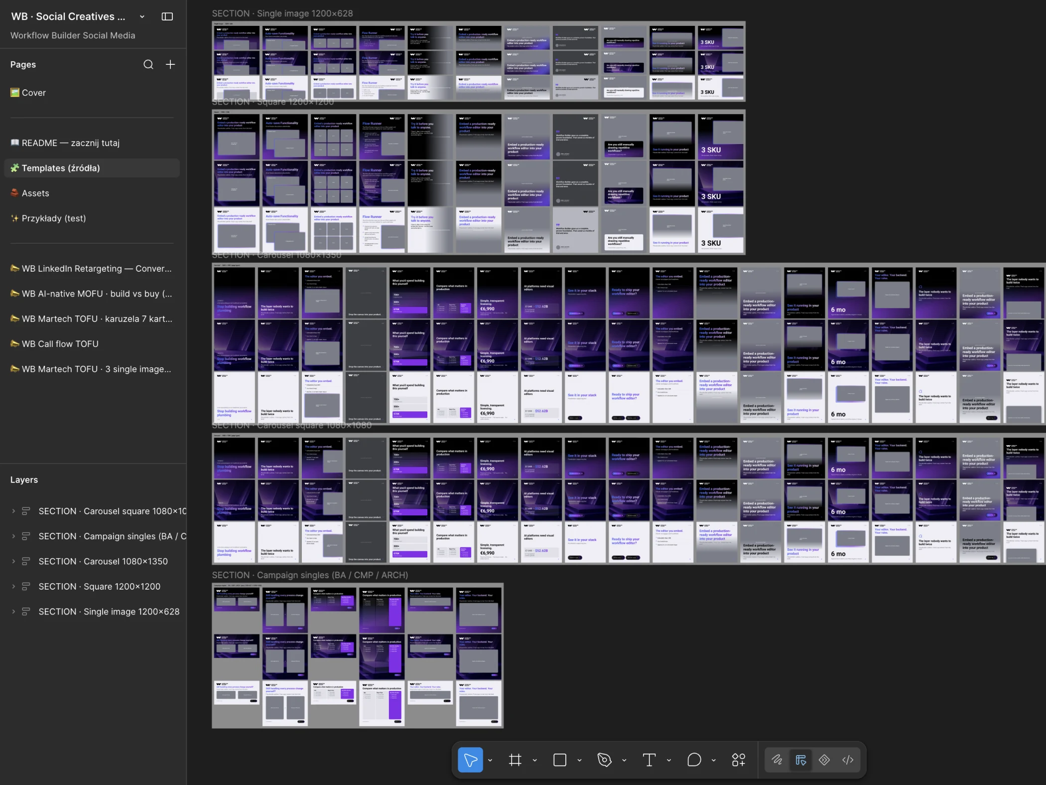 The Workflow Builder social templates file in Figma, ready for Claude to fill from a brief
