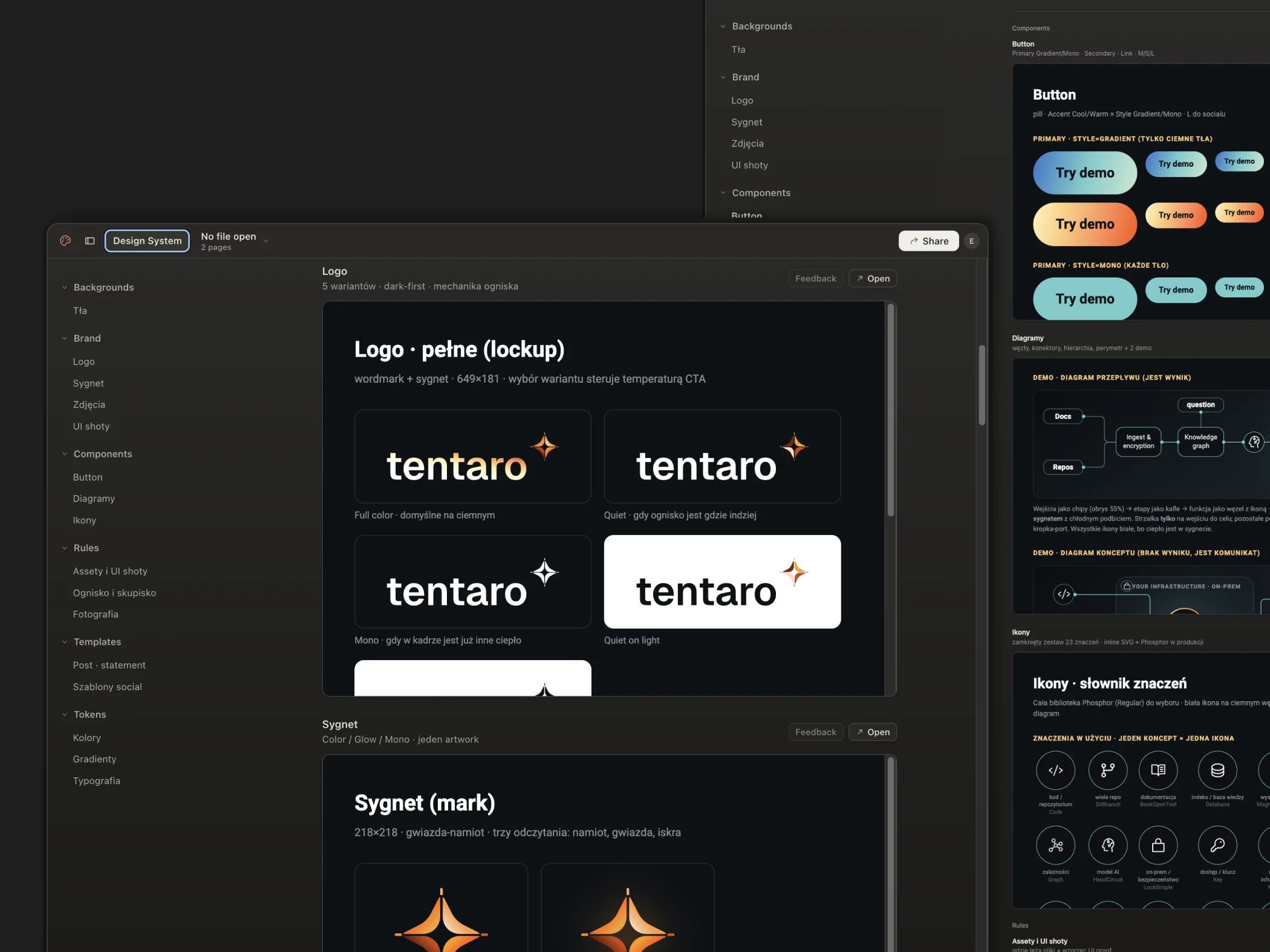 The Tentaro design system in Claude Design: logo, components, diagrams and icon rules