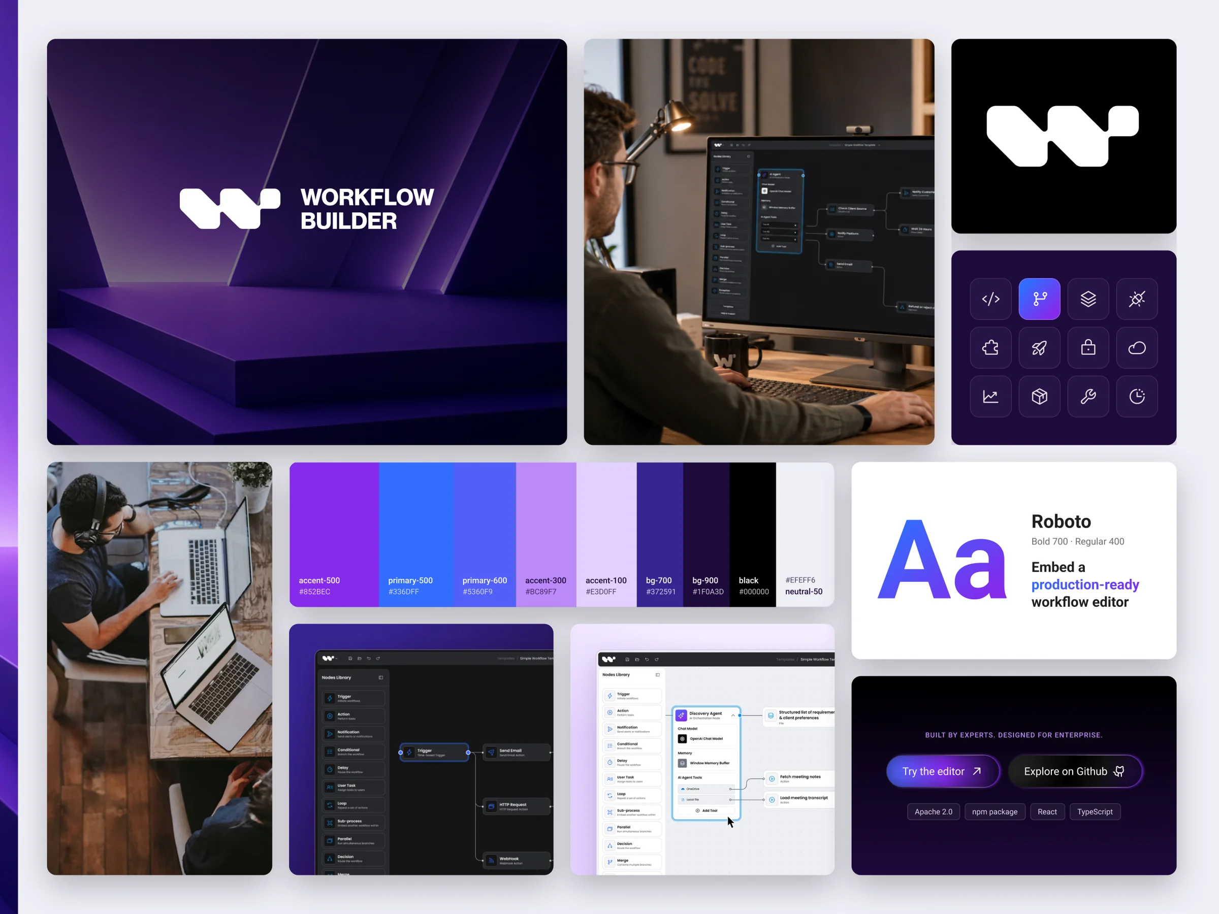 Workflow Builder brand elements: key visual, photography, color palette, icons and Roboto type