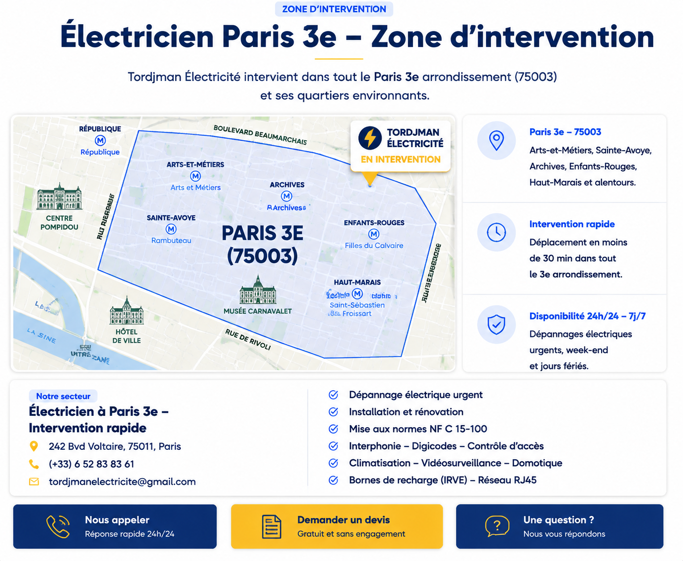 Carte zone d’intervention électricien Paris 3e - Tordjman Électricité