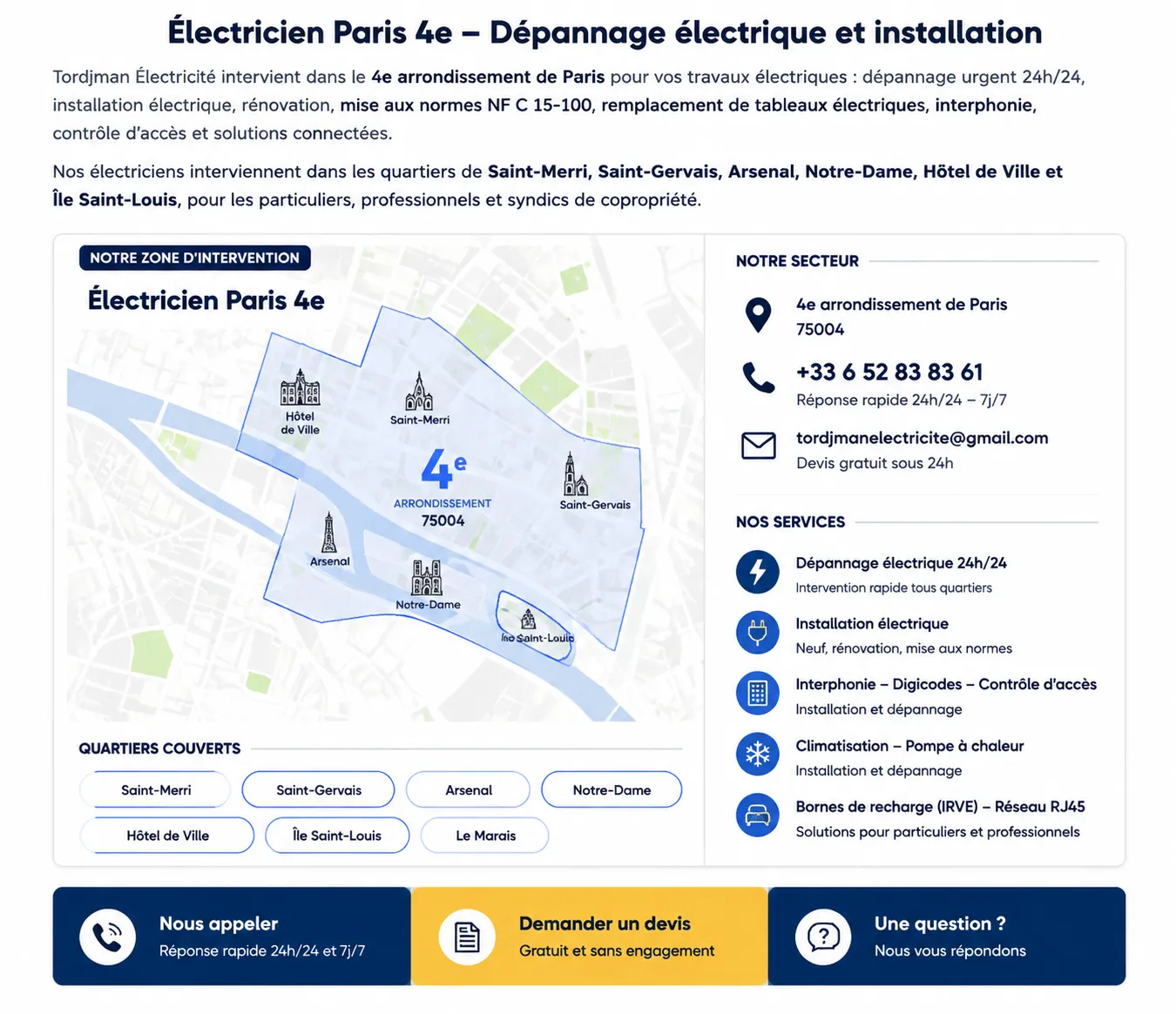 Carte zone d’intervention électricien Paris 4e - Tordjman Électricité