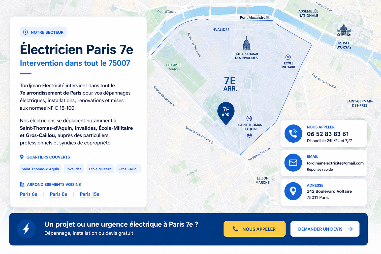 Zone d’intervention électricien Paris 7e - Tordjman Électricité