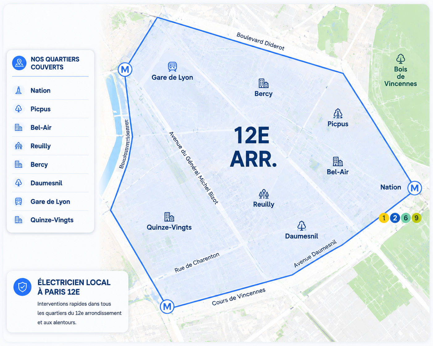 Carte zone intervention électricien Paris 12e