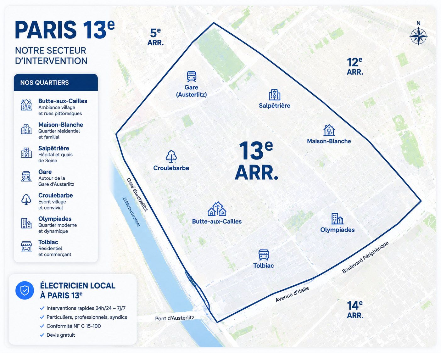 Carte zone intervention électricien Paris 13e - Tordjman Électricité