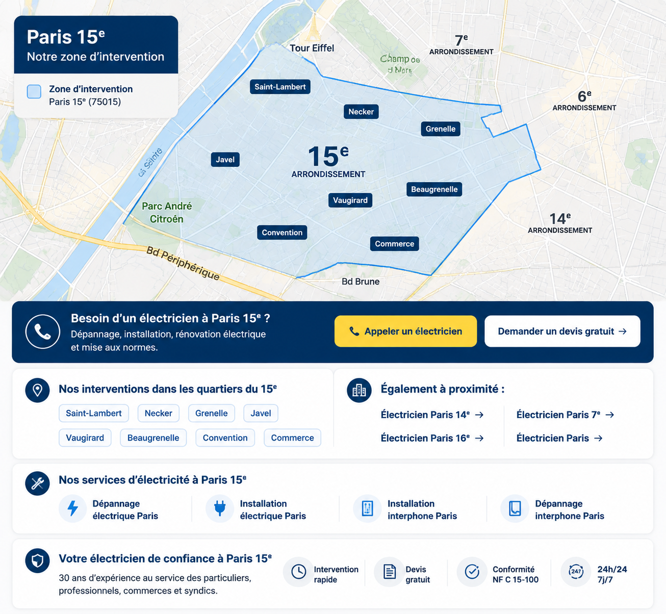 Carte zone intervention électricien Paris 15e - Tordjman Électricité