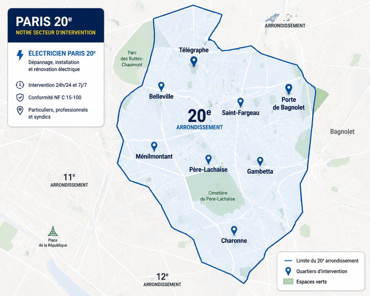 Carte zone intervention électricien Paris 20e - Tordjman Électricité