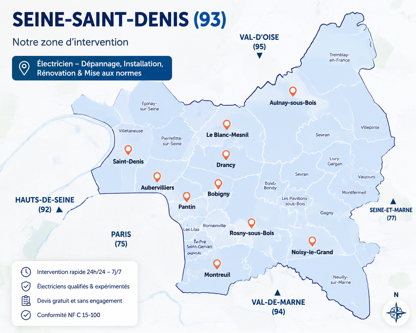 Carte zone intervention électricien Seine-Saint-Denis 93