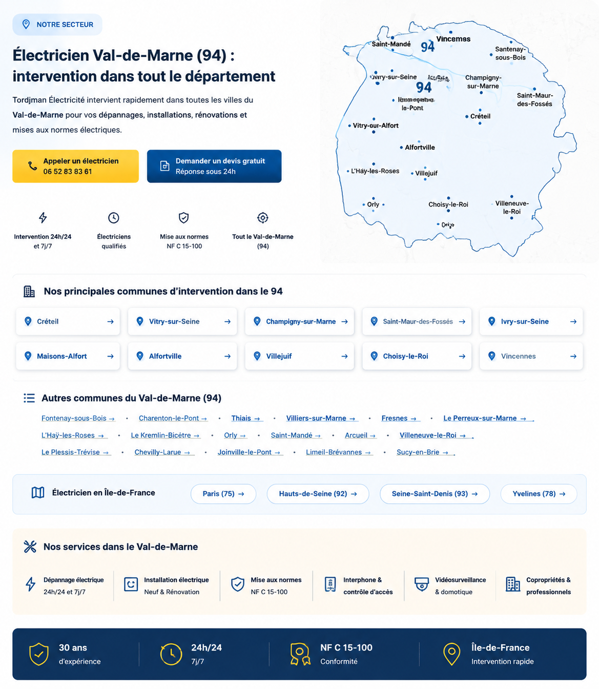Carte zone intervention électricien Val-de-Marne 94 - Tordjman Électricité