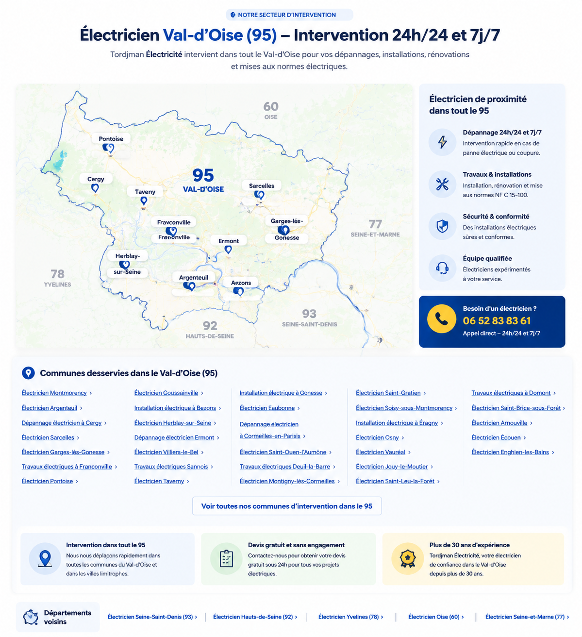 Carte zone intervention électricien Val-d’Oise 95