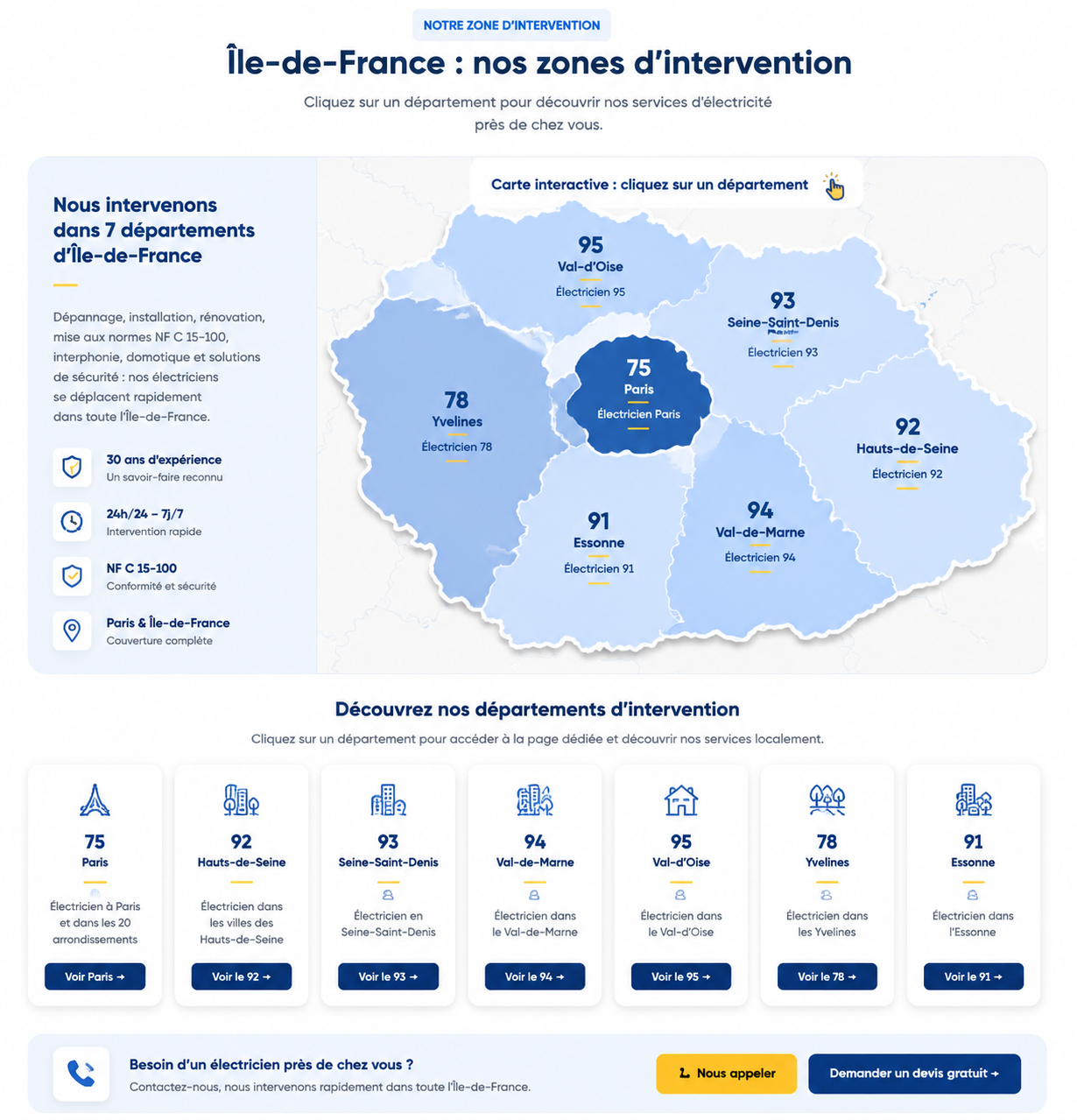 Carte zones d’intervention électricien Paris et Île-de-France