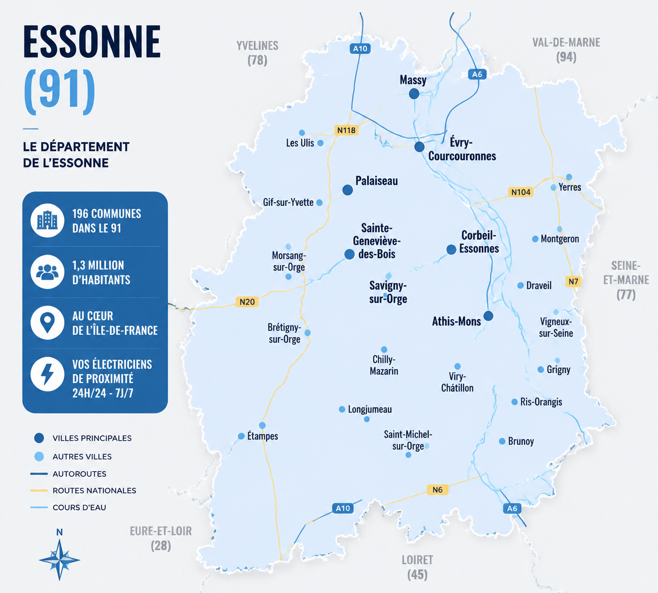 Carte zone intervention électricien Essonne 91