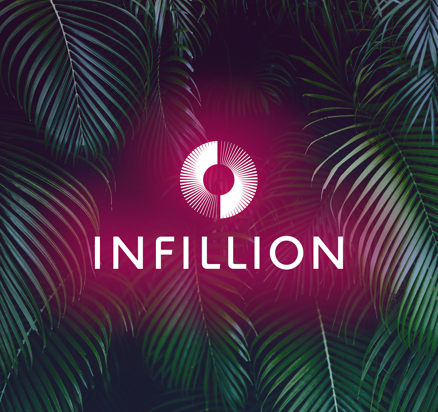 Neon letters that read "Join Infillion in Cannes" over a moody backdrop of tropical leaves