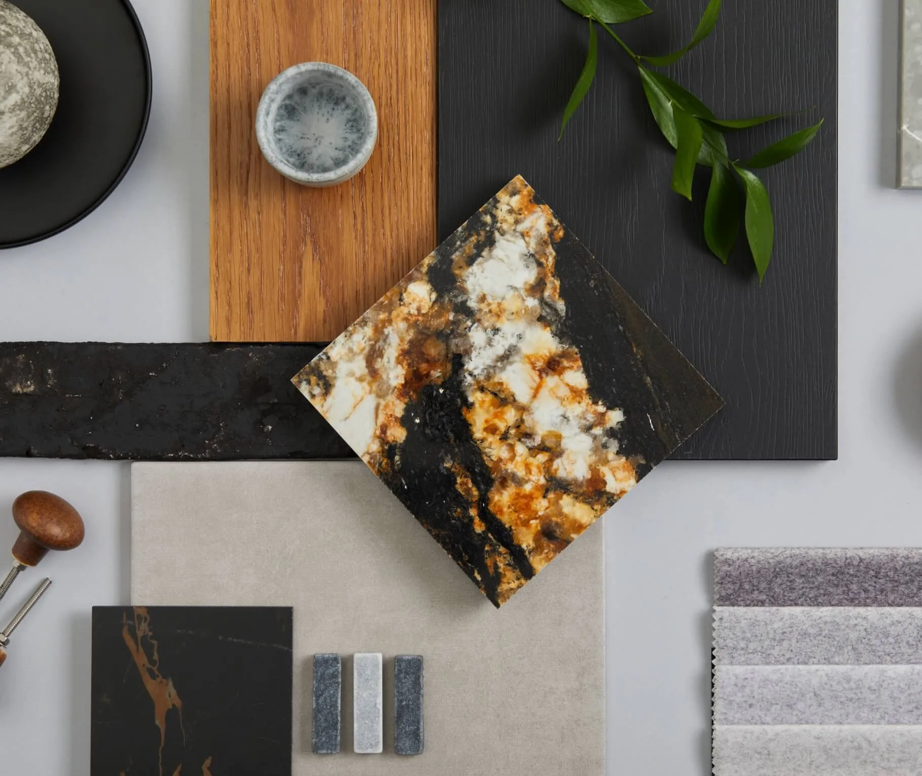 Kitchen design process featuring styled food and material samples