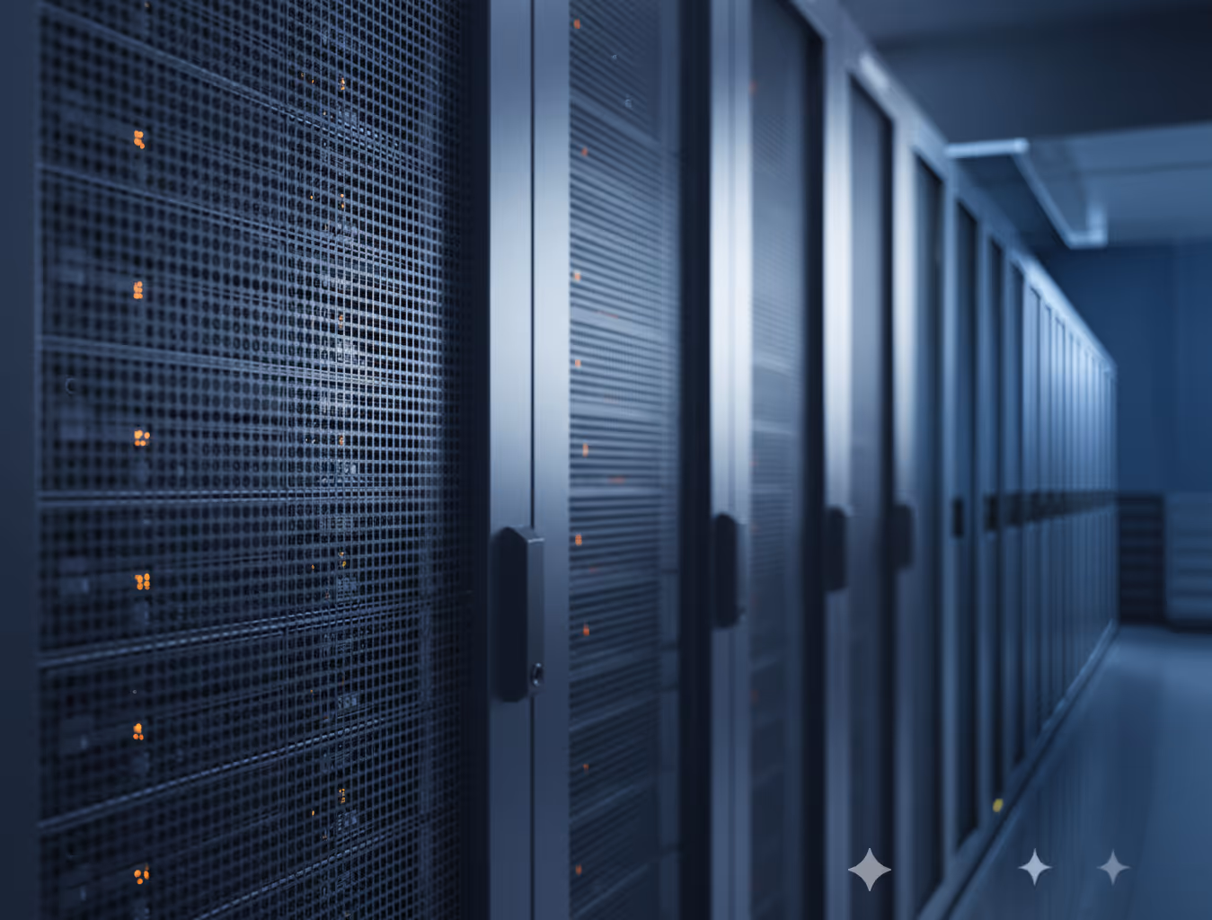 Row of server racks with blinking indicator lights in a data center hallway.