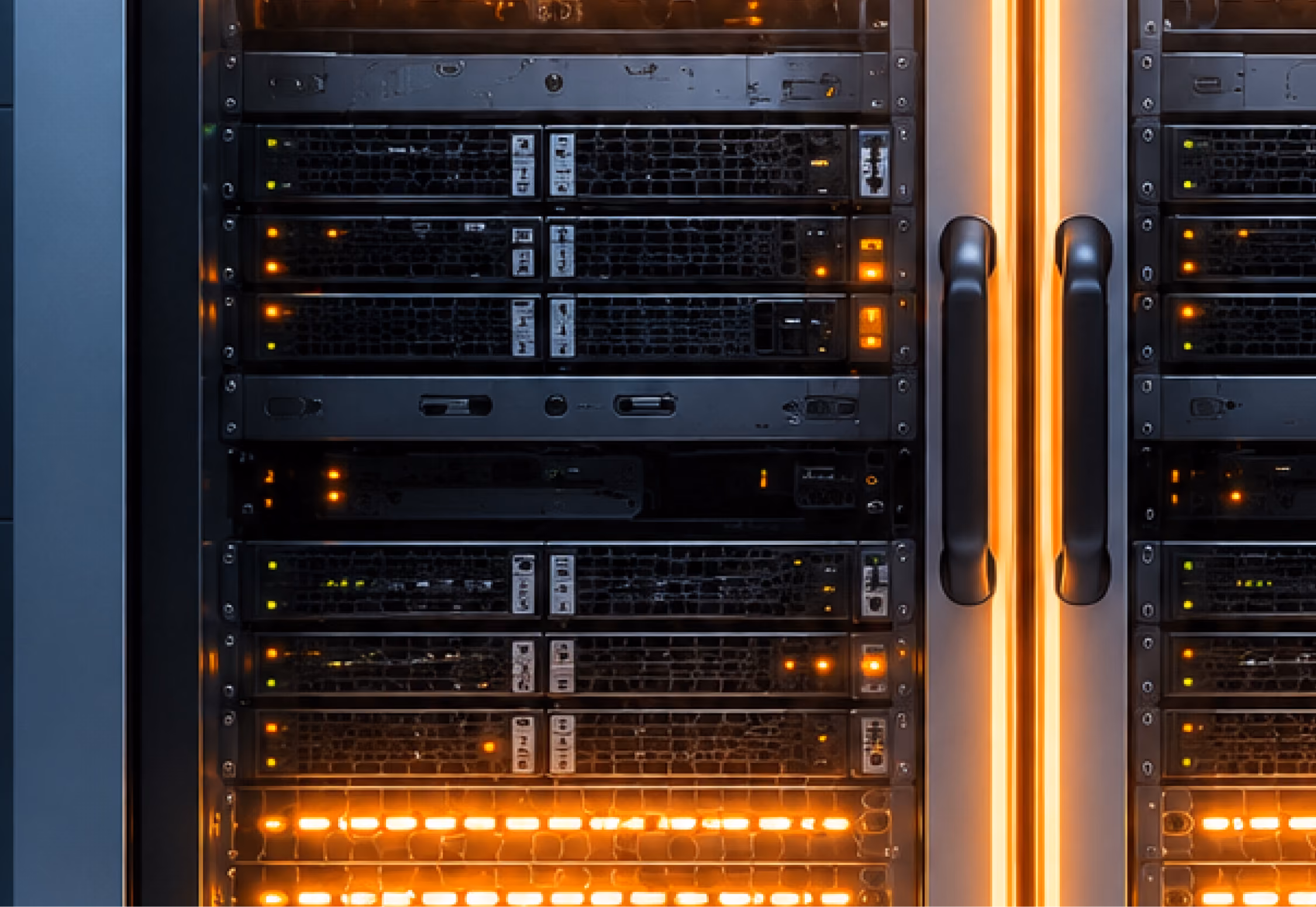 Close-up of server racks with blinking lights in a blue-lit data center hallway.