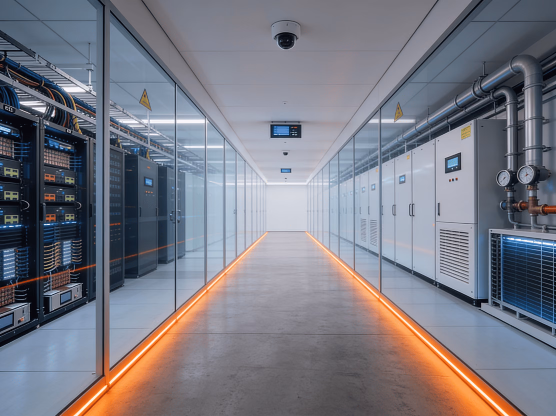 Industrial room with electrical panels, pipes, and metal framework on a shiny white floor.