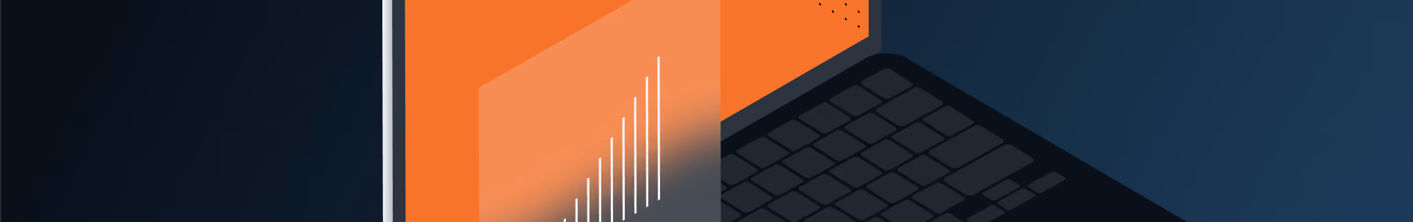 Partial illustration of a laptop with an orange screen showing a white bar graph on a dark blue background.