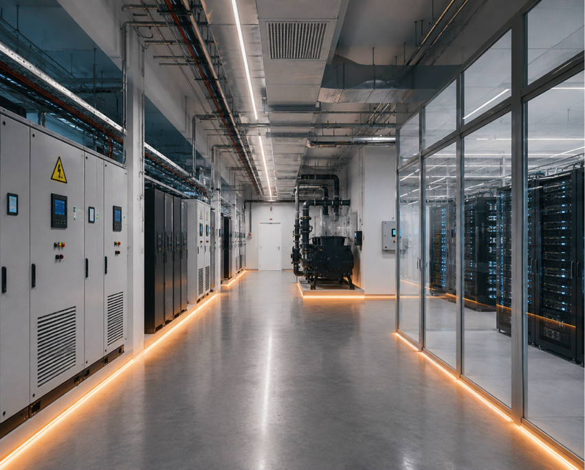 Industrial room with electrical panels, pipes, and metal framework on a shiny white floor.