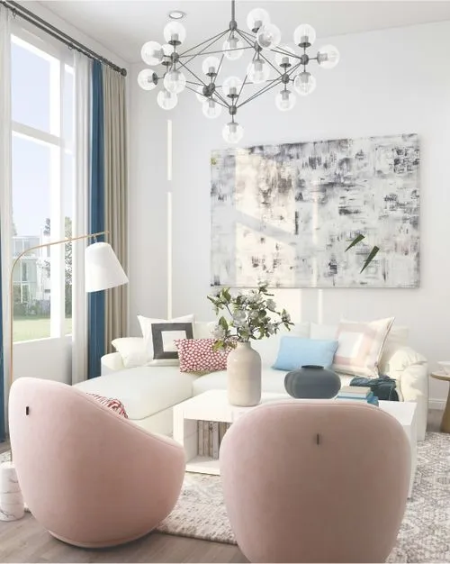 Living room with chandelier and two round pink chairs