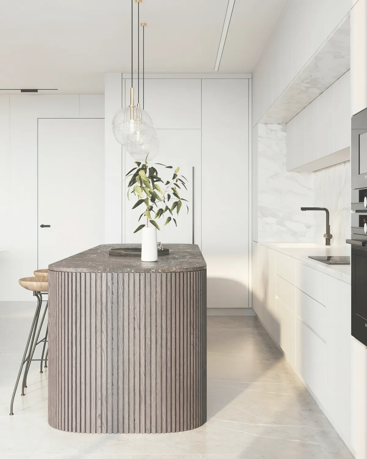 Bright kitchen with brown modern counter