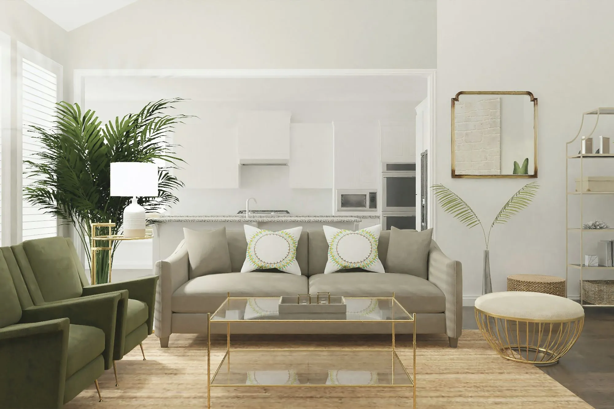 Sofa in center of living room with art and plants