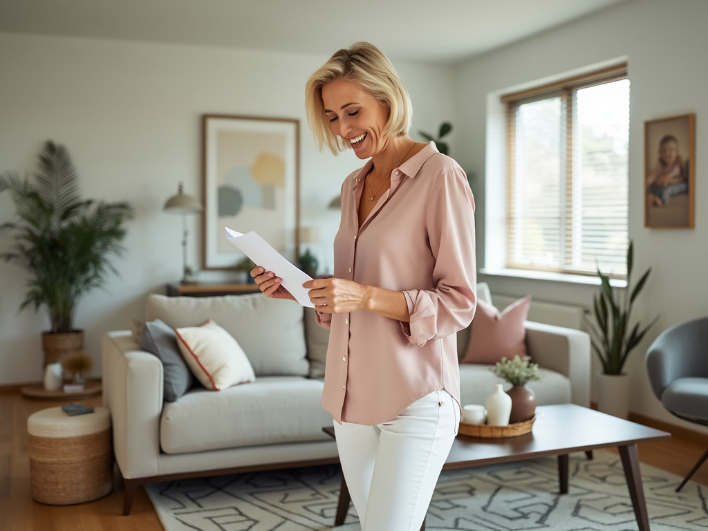 A photo of a woman looking at a bill she has received. She is smiling as the price of the flooring she just purchased from Vast American Home Goods was not expensive but rather very reasonably priced.