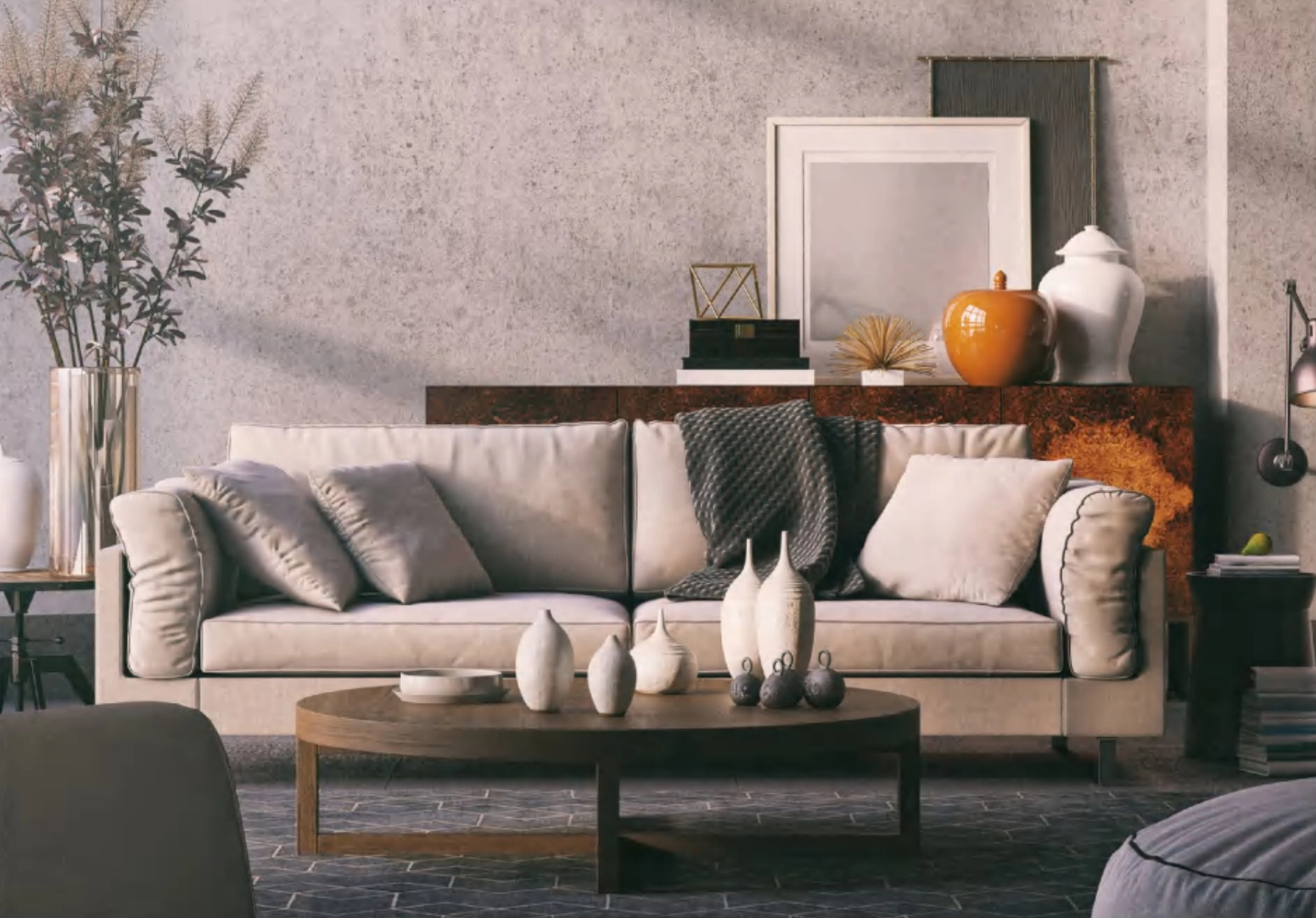 A decorative photo of a cozy and modern looking living room conveying that flooring sold on this site is designed to be good looking and sustainable.